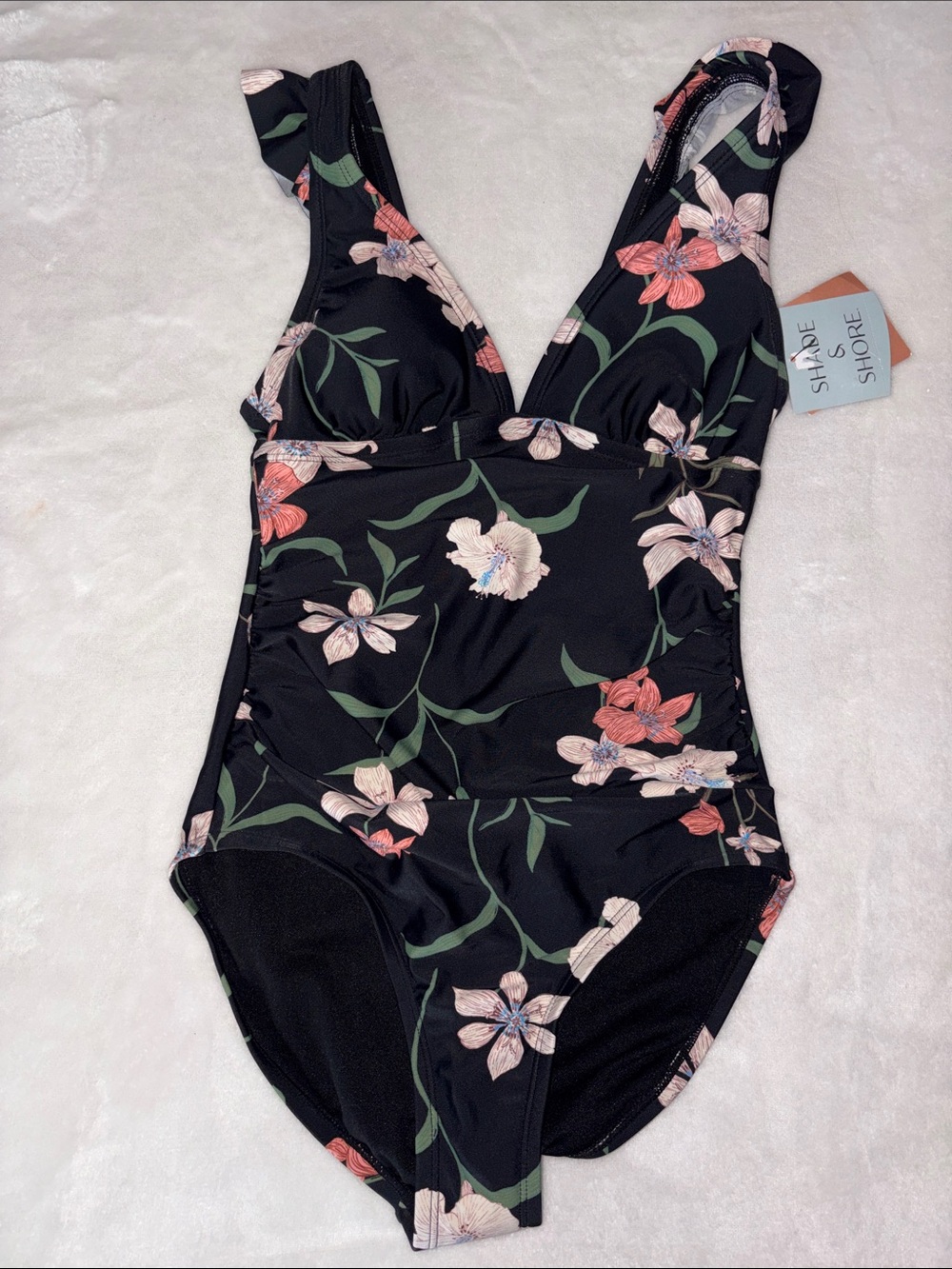 Shade & Shore Black Floral V-Neck One-Piece Swimsuit